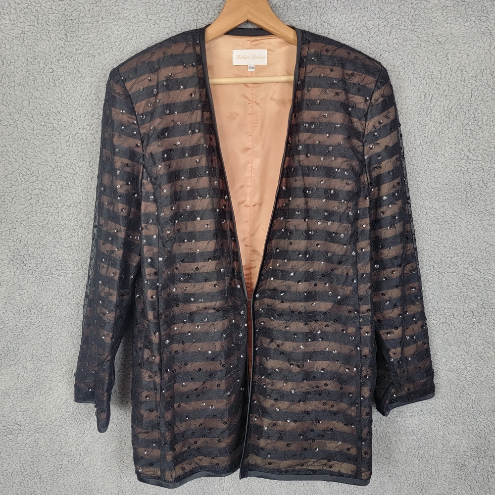 KATHRYN LYNDSEY Lace Striped Chiffon Shoulder padded Black Jacket Size 16W.